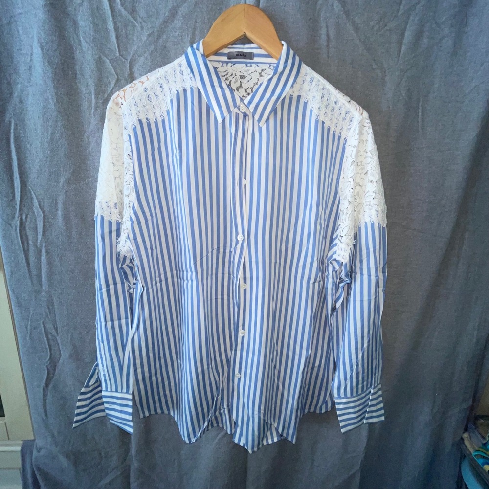 Riani Blue & White Striped Button Down Blouse with Floral Lace Back 16 Luxury